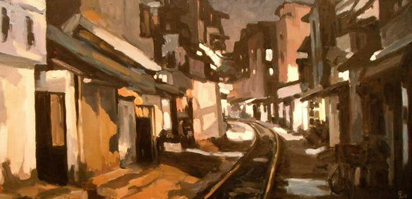 tranh vẽ phố "Đường tàu đêm", họa sĩ Phạm Luận