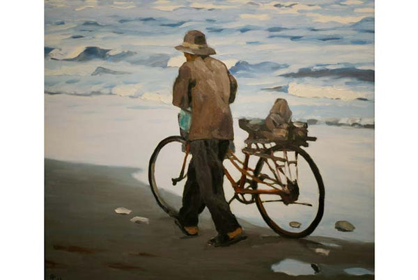 tranh chân dung "Ông cụ và xe đạp", họa sĩ Phạm Luận