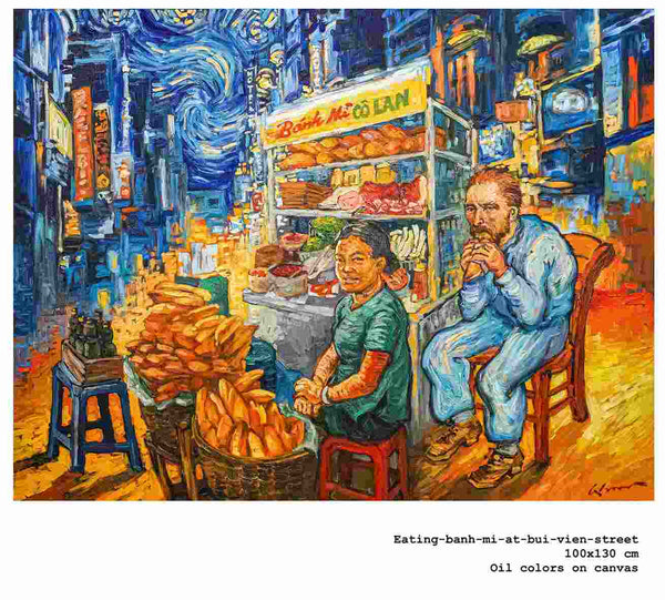 Hình ảnh Van Gogh bên hàng bánh mì, tranh Trần Trung Lĩnh