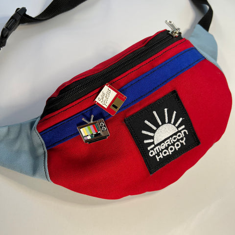 retro fanny pack with cool pins