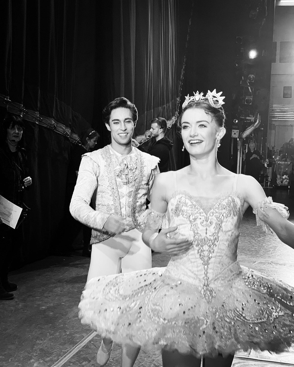 Dancer Anna Rose O'Sullivan coming off stage wearing costume with her partner James Hay after performing 