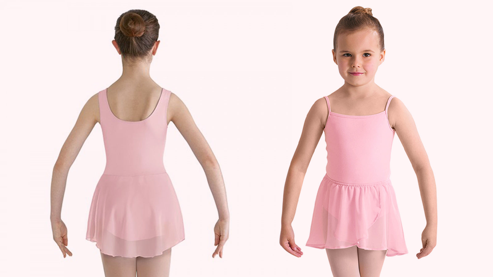 A front and back view of a young dancer wearing a pink skirted tank BLOCH leotard