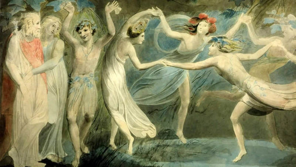William Blake's painting titled Oberon, Titania and Puck with Fairies Dancing