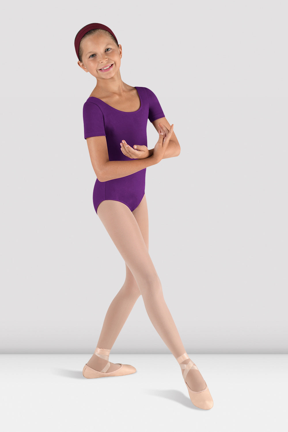 BLOCH Girls Short Sleeve Round Neck Leotard, Aubergine