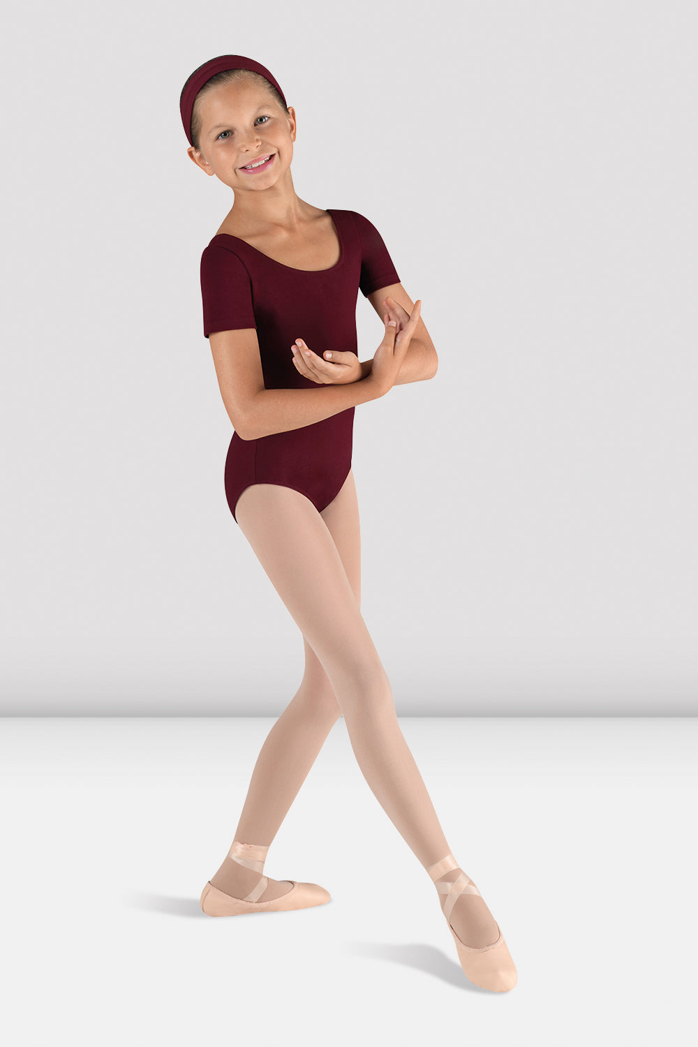 BLOCH Girls Short Sleeve Round Neck Leotard, Burgundy