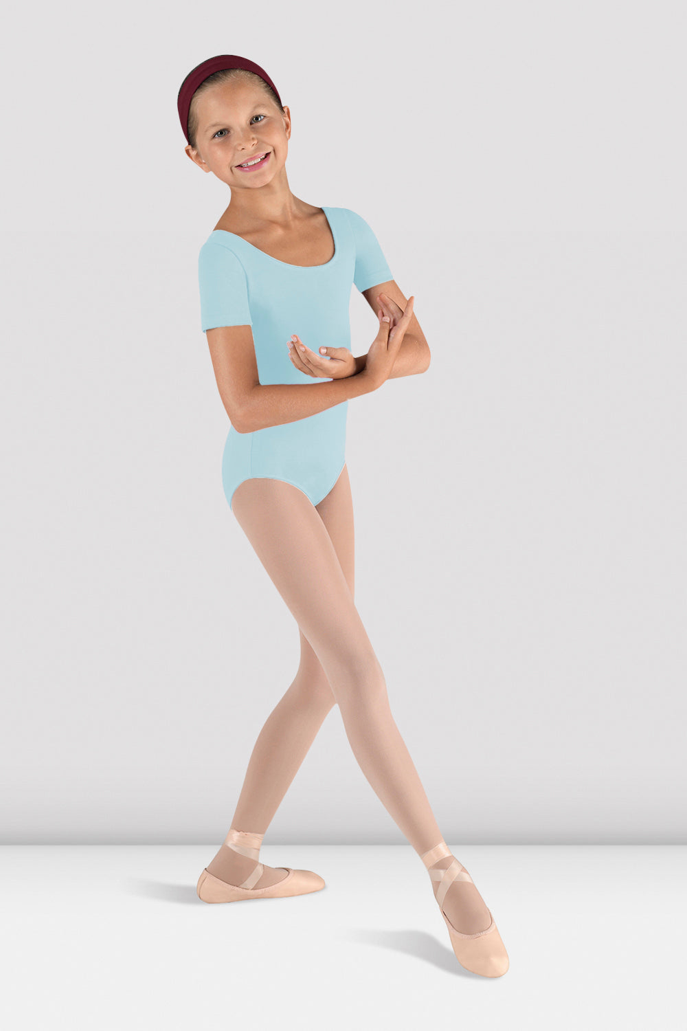 BLOCH Girls Short Sleeve Round Neck Leotard, Pastel Blue