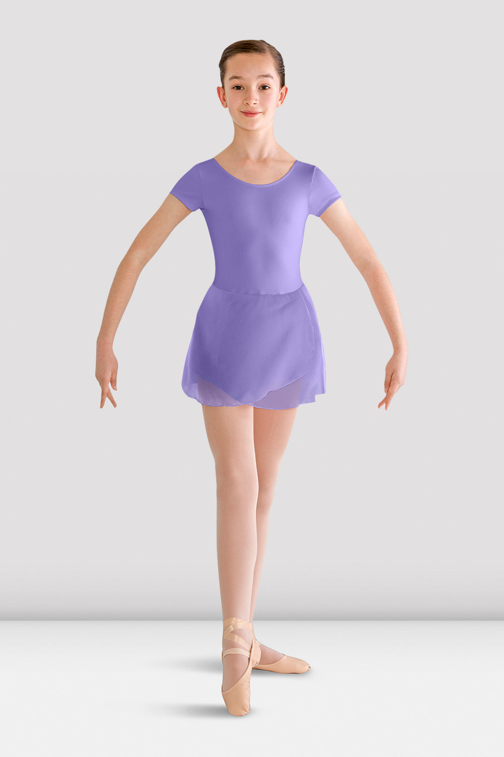 BLOCH Girls Prisha Short Sleeve Skirted Leotard, Lavender