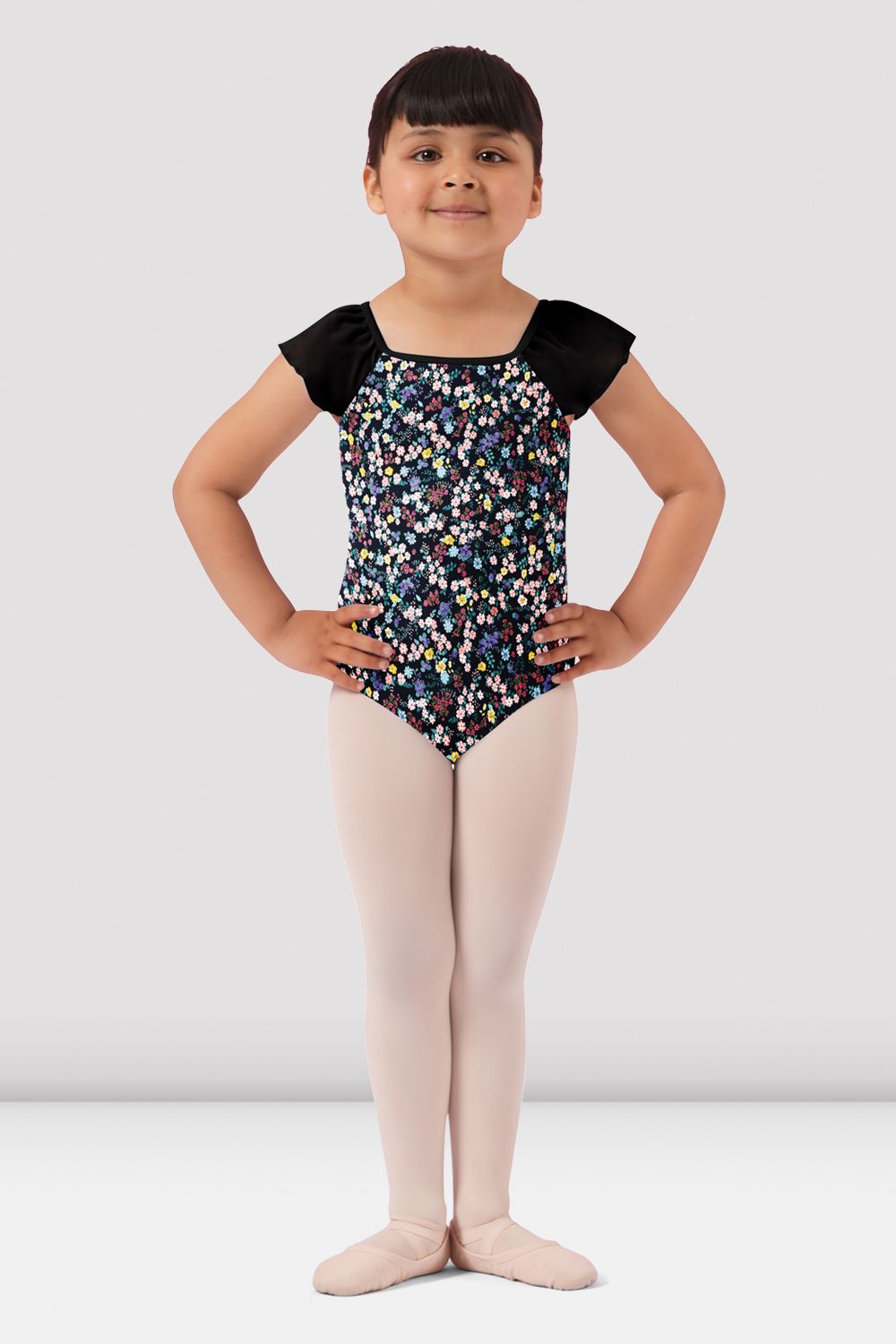 BLOCH Girls Mirella Ditsy Floral Frill Sleeve Leotard, Black