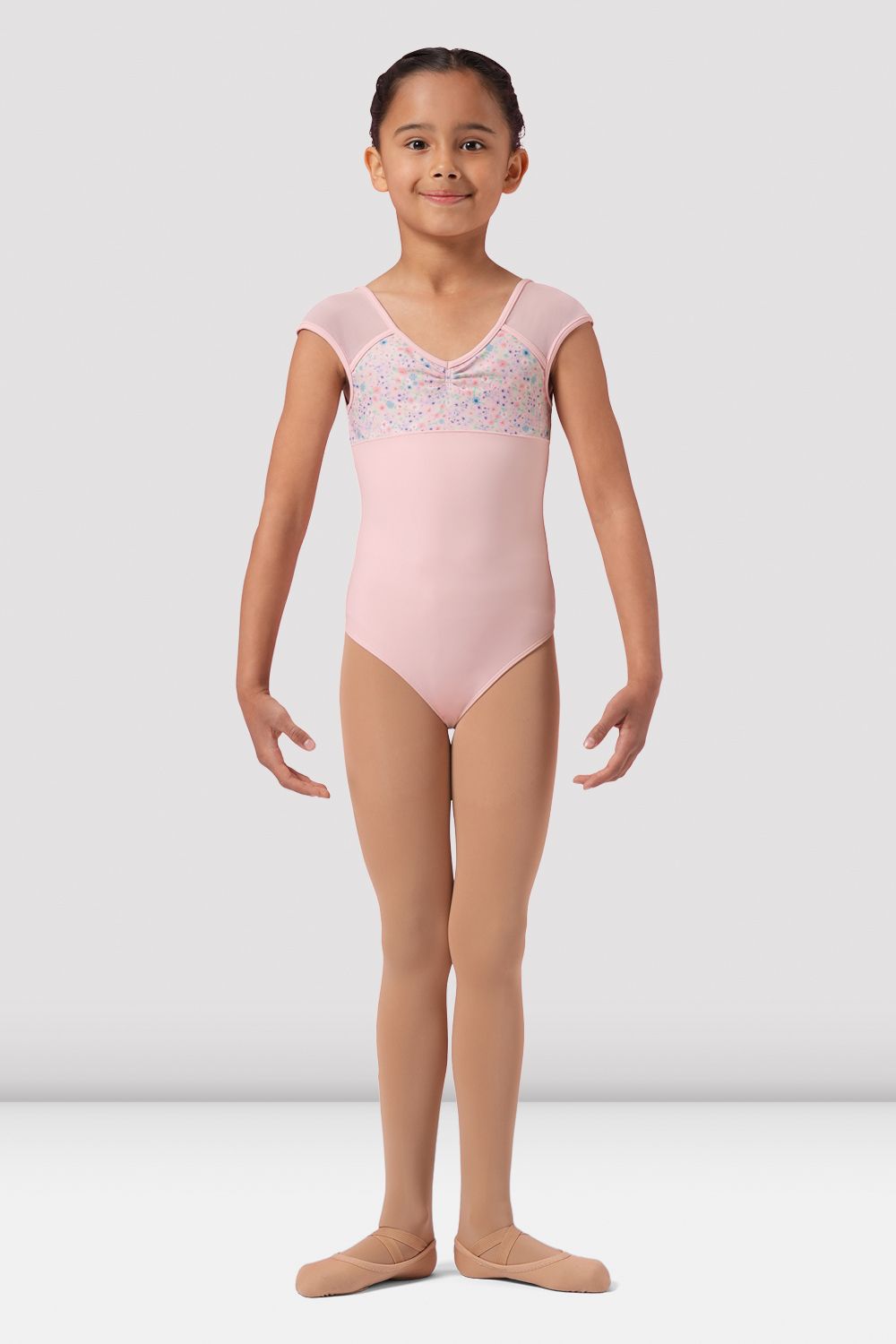 BLOCH Girls Mirella Ditsy Floral Cap Sleeve Leotard, Pink