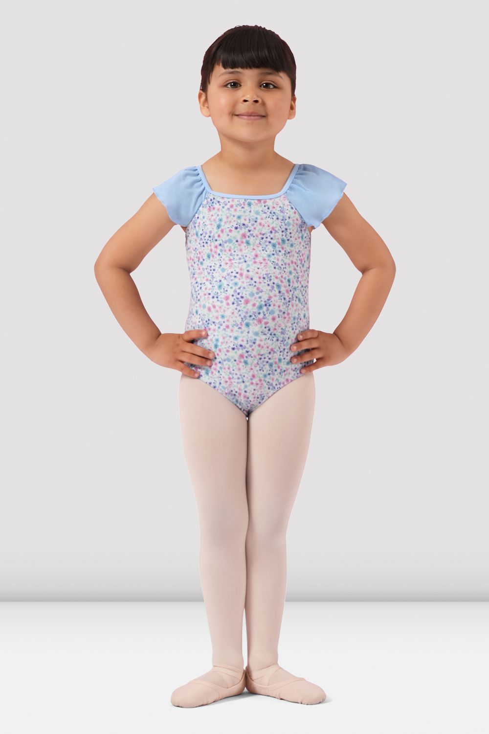 BLOCH Girls Mirella Ditsy Floral Frill Sleeve Leotard, Baby Blue