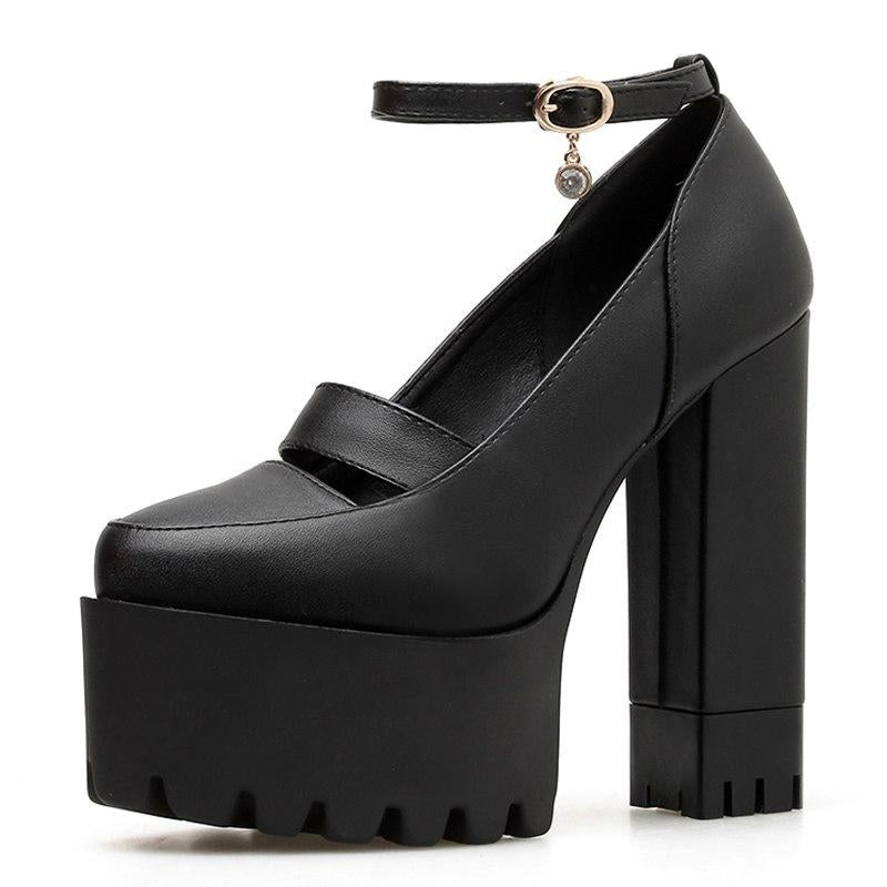 Ankle Strap Block Heels Crystal Rubber 