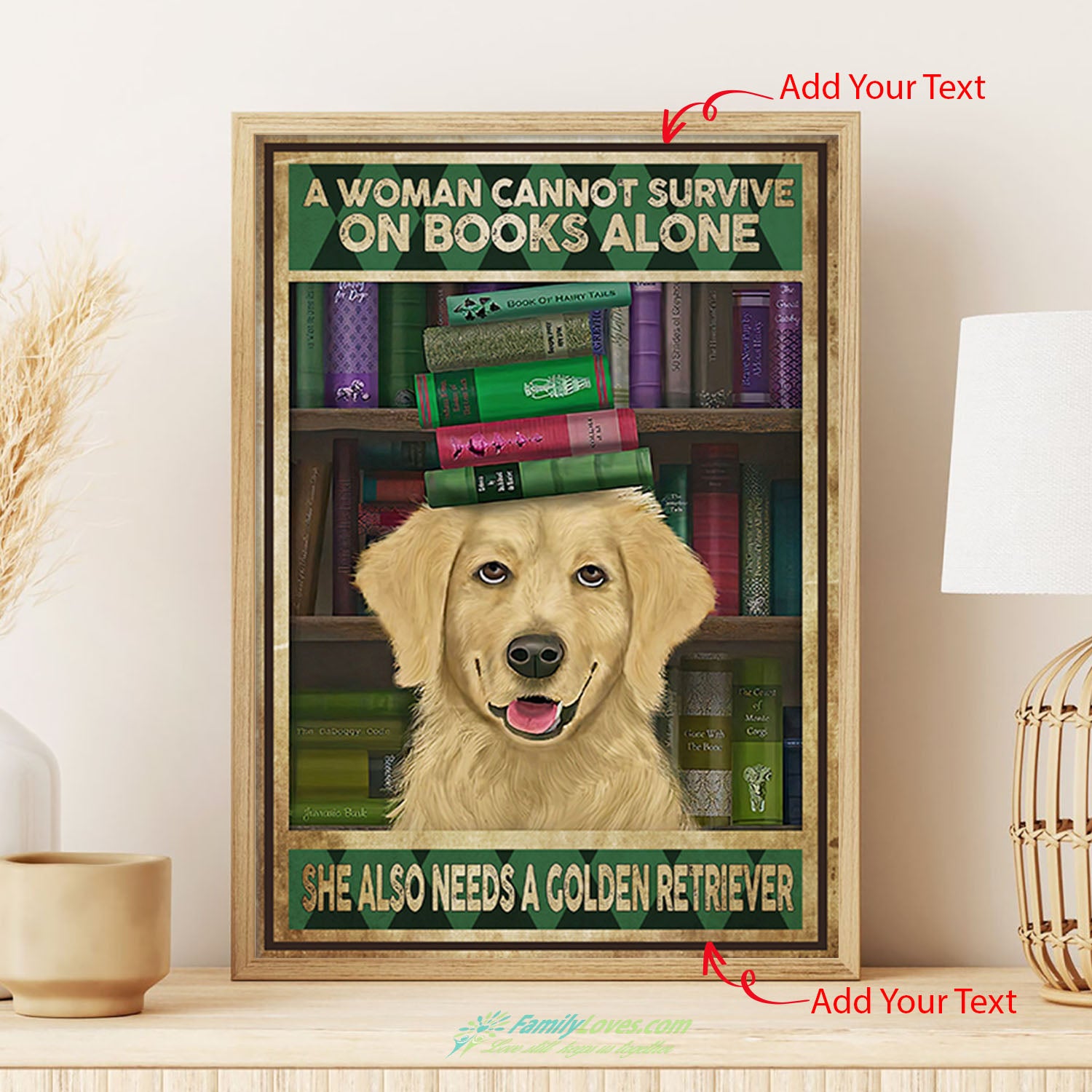 Coberusgift A Woman Cannot Survive On Books Alone She Also Needs A Golden Retriever Dog Canvas Large Poster Hanging All Size 1