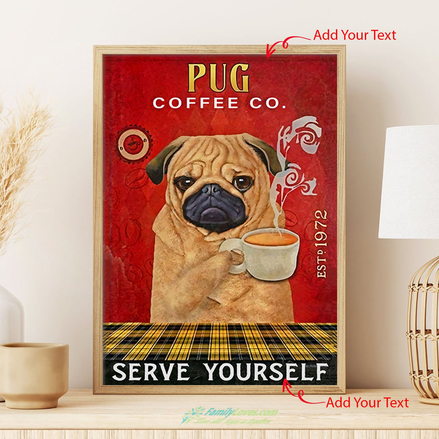 Coffee Company Pug Print Framed Wall Art Sign Anniversary Birthday Christmas Housewarming Gift Home Canvas Paint Poster Holder All Size 1
