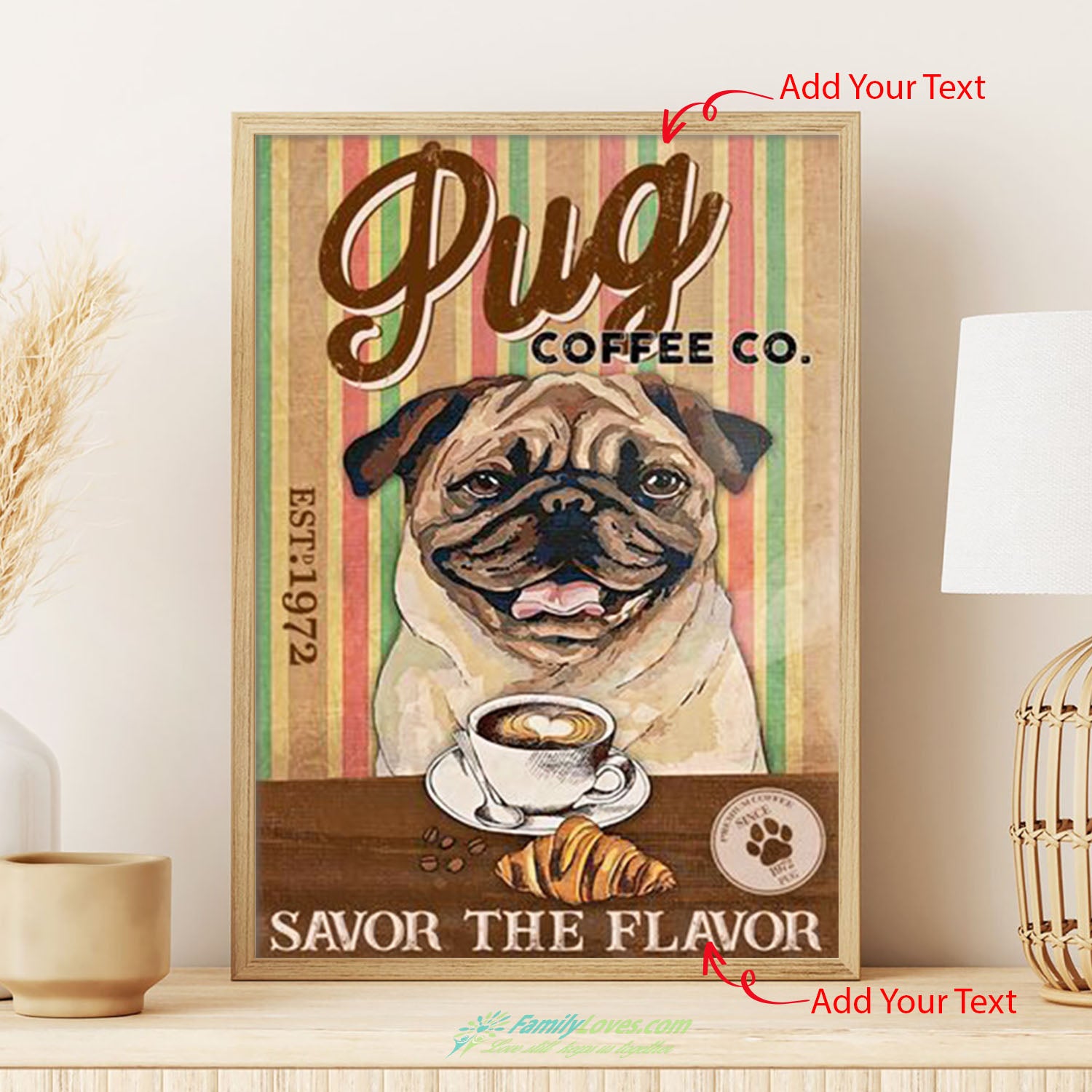 Pug Coffee Co Framed Canvas Wall Art Poster Hanging All Size 1