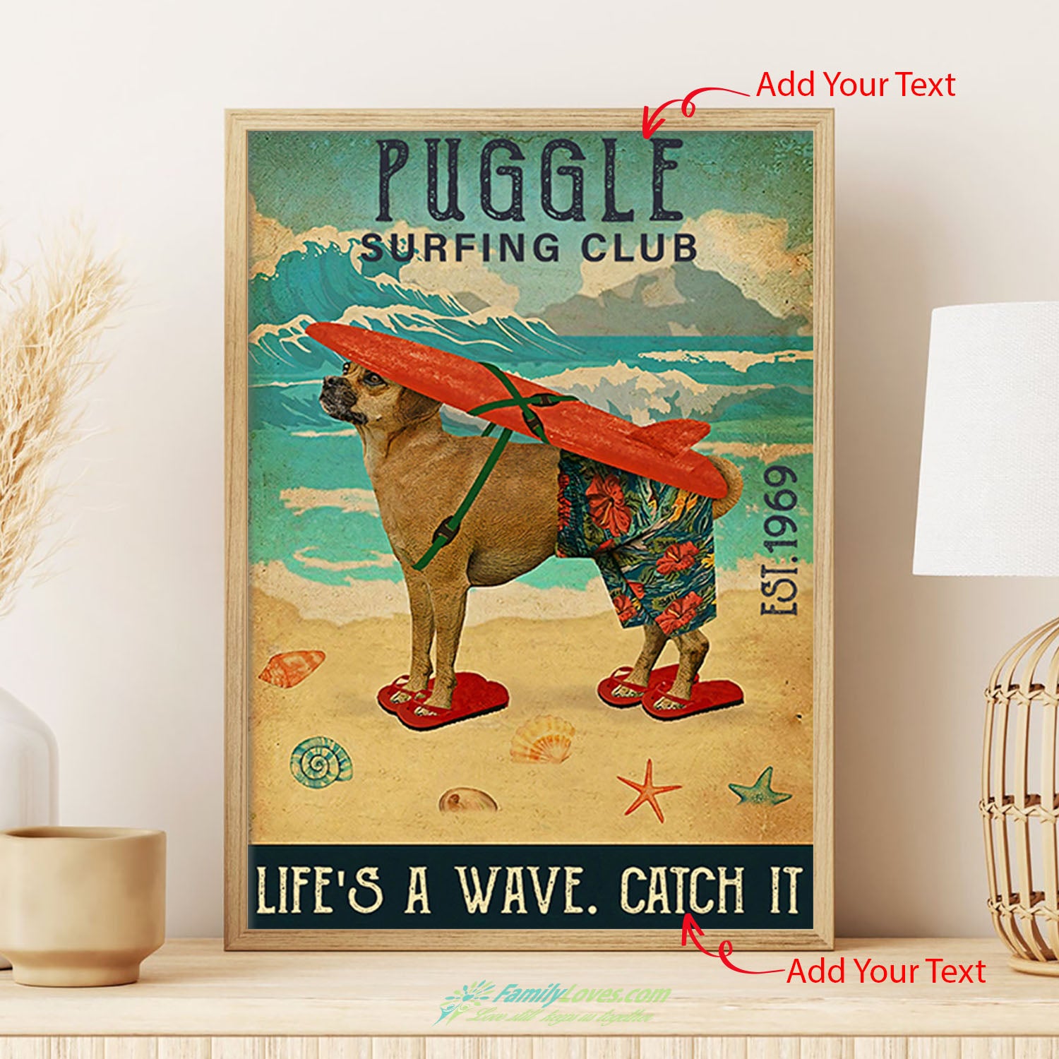 Puggle Surfing Club Lifes A Wave. Catch It Canvas 12 X 16 24X36 Poster Frame All Size 1