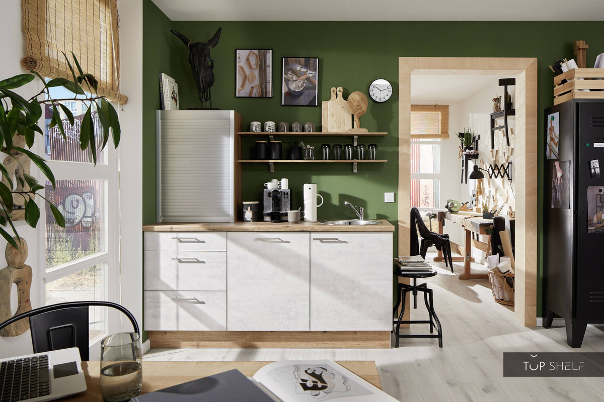 Federaal Vlek constante Pino keuken met rolluik bovenkast 180 cm beton wit-grijs direct leverb -  TOP-SHELF.de