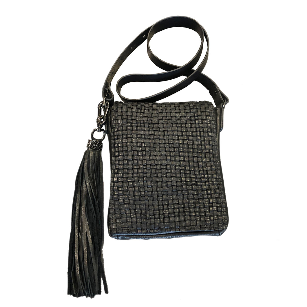 Waterfall Woven Black Leather Crossbody with Leather Strap