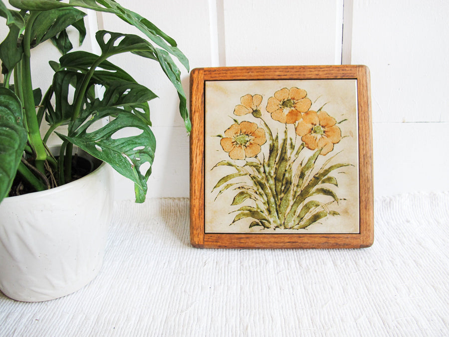 Floral Tile and Oak Wood Tray and Trivet