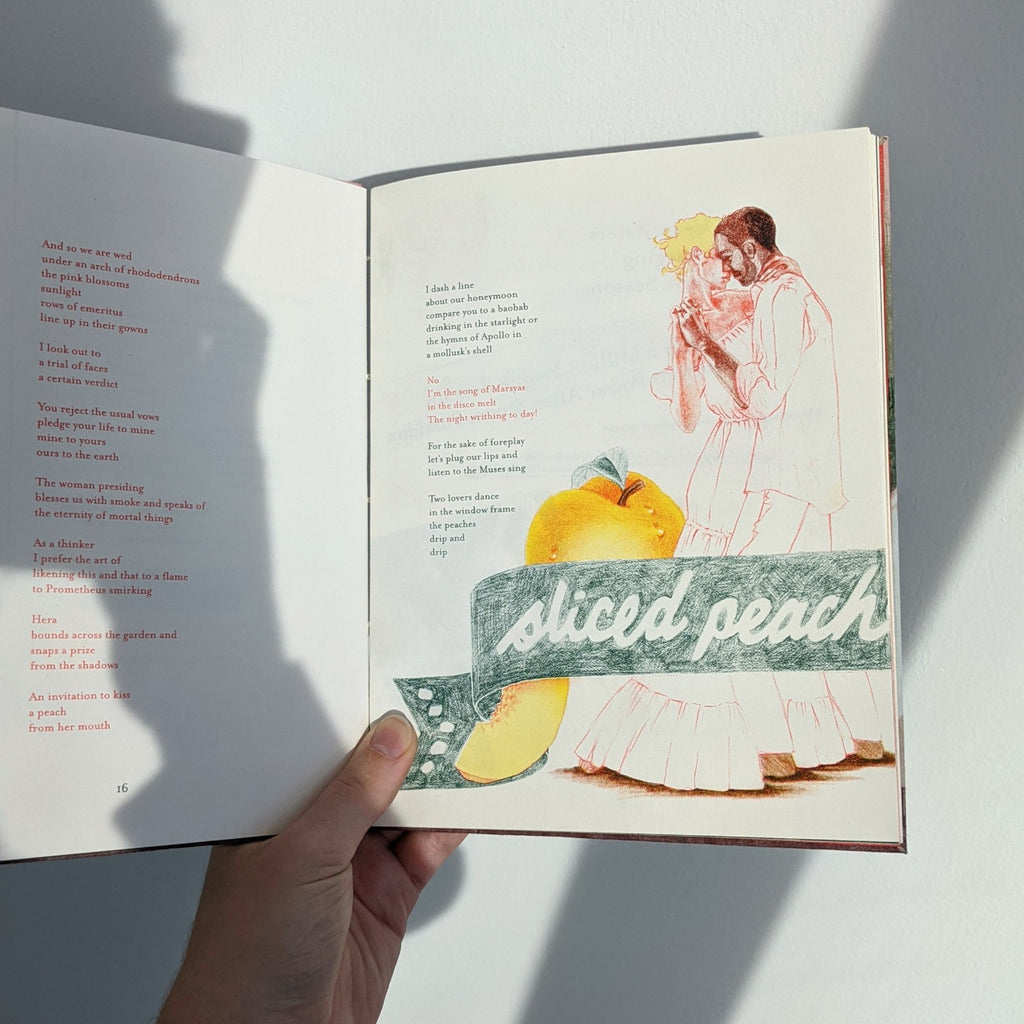 An open book in a sunny spot. On the page beside the text, a man and a woman dance together on the label of an old fashioned peach can.