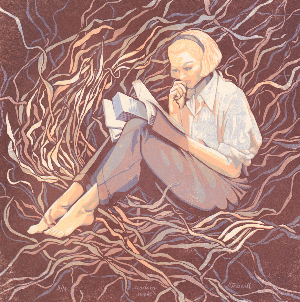 Blonde 1960's styled woman sitting in a reading nook of tangled, abstract vines. The background is burgundy, and the vines are in shades of peach and purple. It's a linocut print, so all of the edges are clean, not blended.