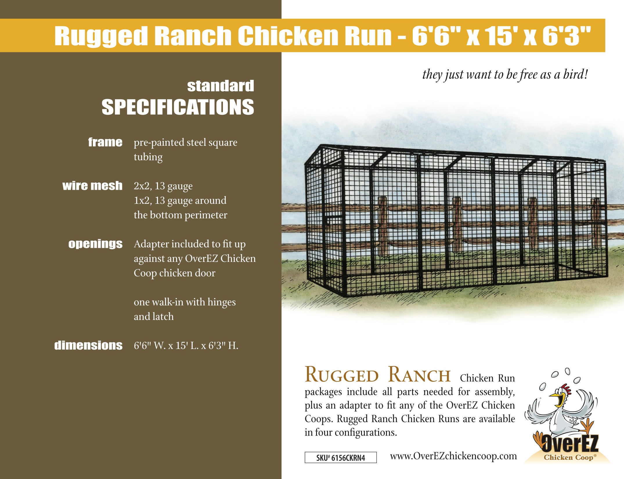 Rugged Ranch Chicken Run 6'6"x15'x6'3" Spec Sheet