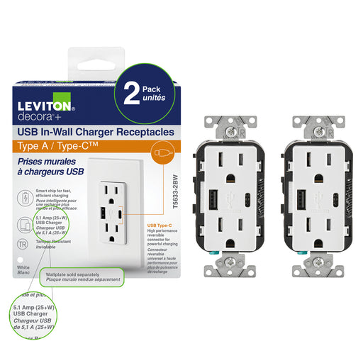 Leviton T5833-W 5.1A USB Type-A Type-C Charging Wall 20A Outlet