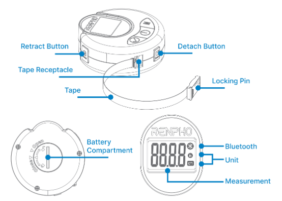 RENPHO Smart Bluetooth Digital Measuring Tape with Lock Hook, Smart Tape  Measure Body with App - Bluetooth Measuring Tapes for Body Measuring