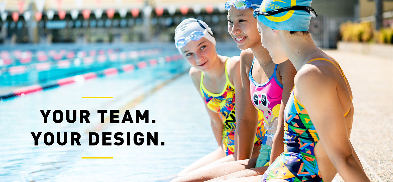 3 girls wearing finis custom Bladeback swimsuits,  Openback swimsuits, smiling by the Finis Swimming Pool in California.