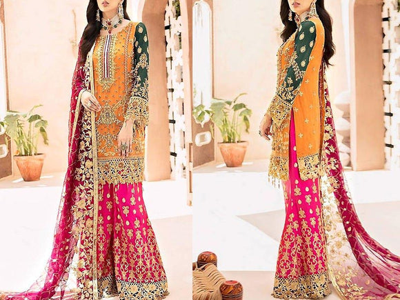 Heavy Embroidered Chiffon Bridal Dress with Embroidered Silk Trouser (DZ13321)