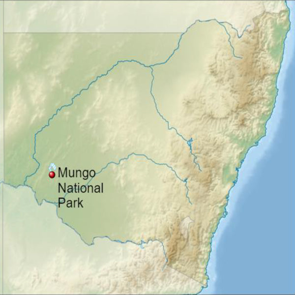 Location of Lake Mungo in NSW site of discovery of oldest human remains in Australia.