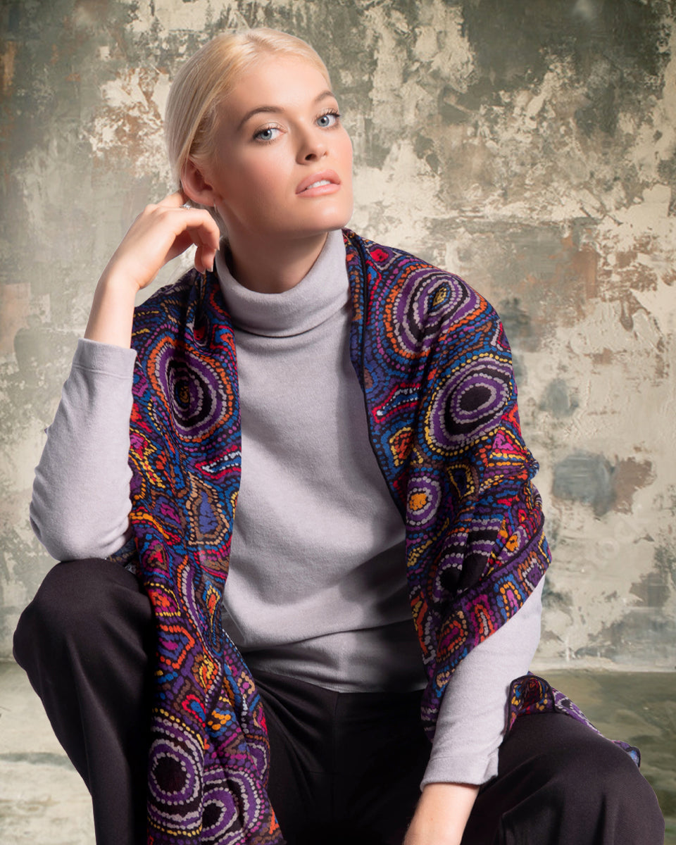 Mainie Wool Scarf, Rock Pools, Pure Australian Merino Wool, Woolmark, Authentic Aboriginal Art, Handcrafted, Luxurious, Stylish Travel Accessory, Ethical First Nations Fashion