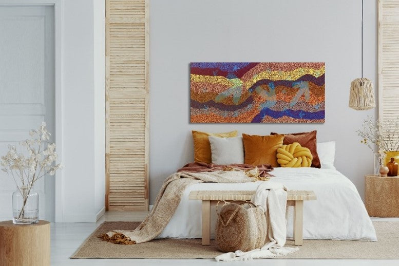 aboriginal art, dot painting, home styling, bedroom decor, interior design