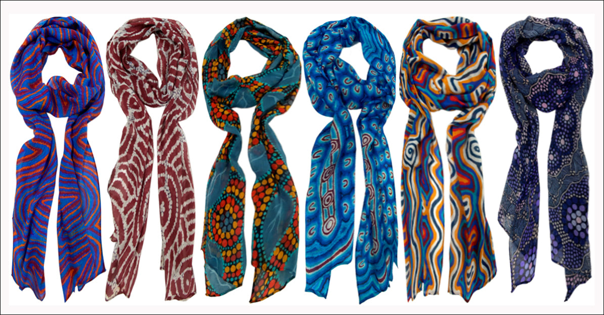 aboriginal art, vegan fashion, colorful scarves, Australian designer, indigenous, ethical, sustainable