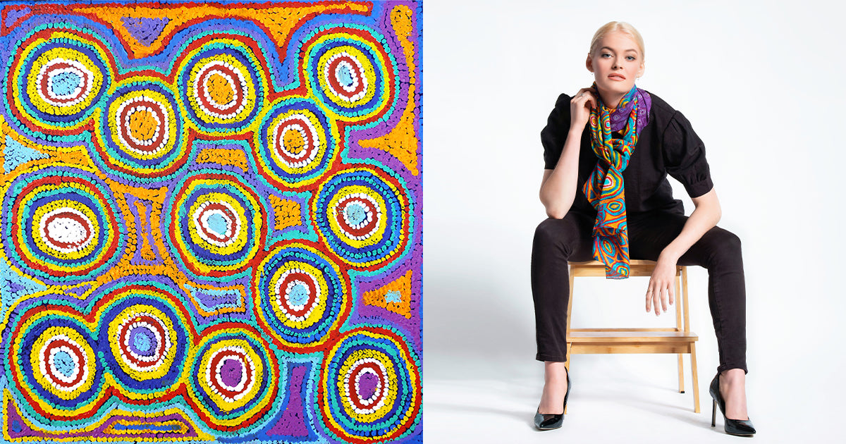 ethical, Australian Aboriginal art design, traditional Warlpiri artists, silk scarf, sustainable fashion, empowering Indigenous women, preserving culture