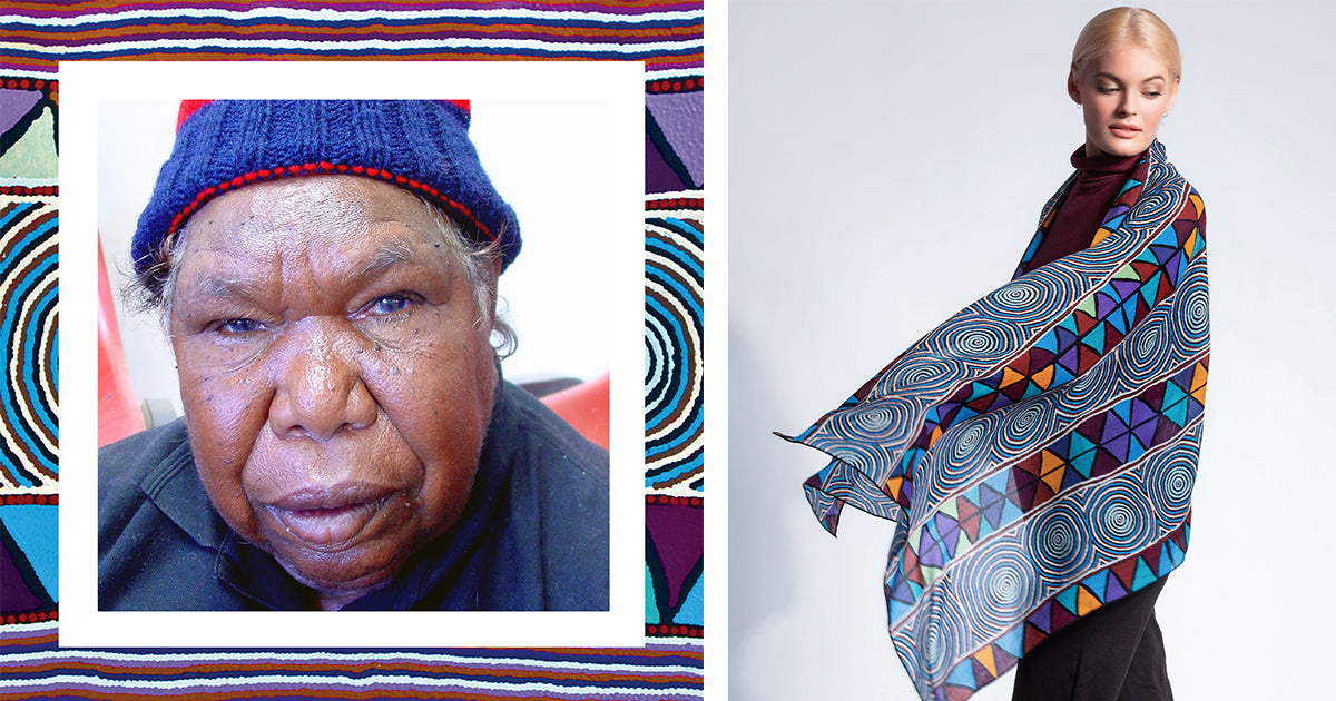 mary napangardi gallagher aboriginal art ethical australian luxury fashion merino wool scarf indigenous women artists