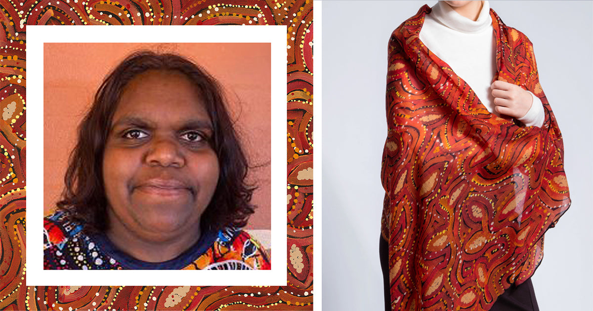 Alicka Napanangka Brown, Warlpiri aboriginal women artists, wool scarf, red earth dreaming, woolmark Australian merino wool, luxurious fashion, authentic aboriginal art, unique indigenous Australian design, outback, colors, colourful