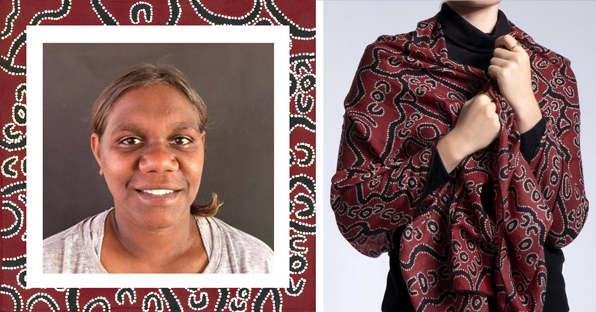 Nicole Napaljarri Stevens, Warlpiri aboriginal women artists, wool scarf, red bark trees dreaming, woolmark Australian merino wool, luxurious fashion, authentic aboriginal art, unique indigenous Australian design, outback, colors, colourful