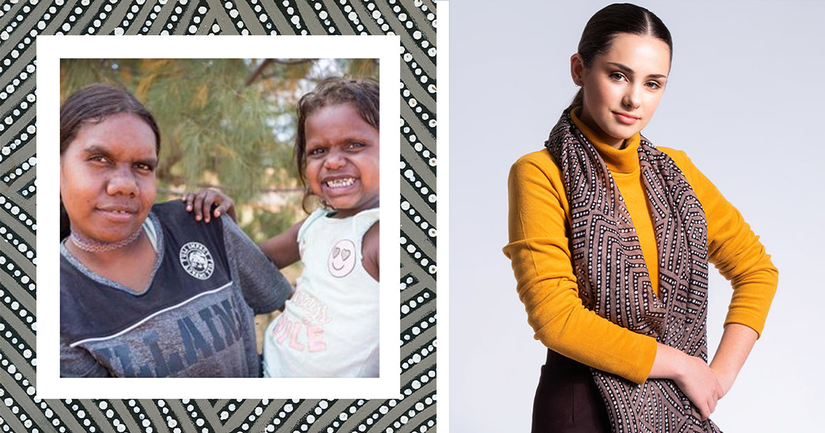 Valma Nakamarra White aboriginal art ethical australian luxury fashion merino wool scarf indigenous women artists