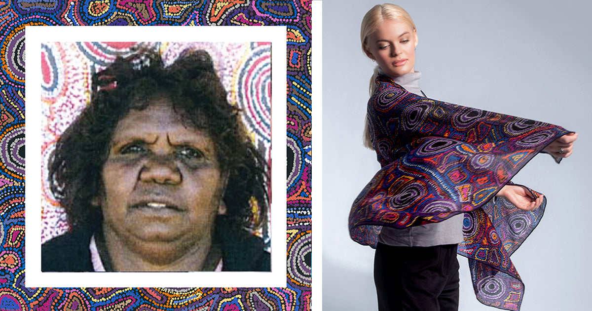 Joy Nangala Brown aboriginal art ethical australian luxury fashion merino wool scarf indigenous women artists