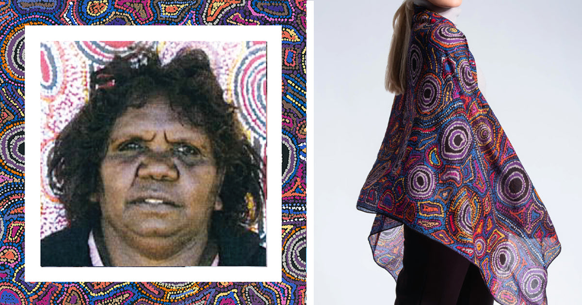 Joy Nanagala Brown, Pintupi aboriginal women artists, wool scarf, Rock Pools dreaming, woolmark Australian merino wool, luxurious fashion, authentic aboriginal art, unique indigenous Australian design, outback, colors, colourful