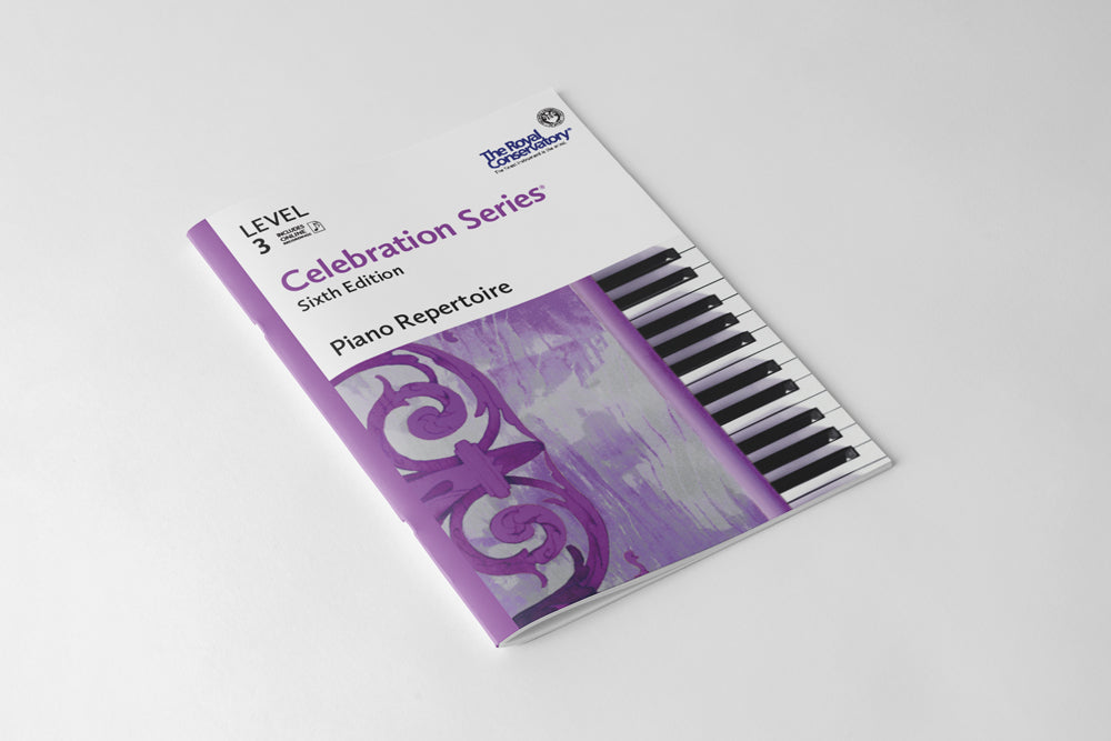The Royal Conservatory of Music Piano Repertoire Level 3 book cover with a purple piano design