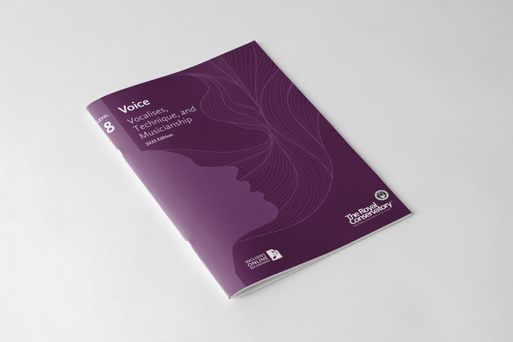 The Royal Conservatory of Music Vocalises, Technique, and Musicianship 8 2025 book cover with a dark purple vocal design