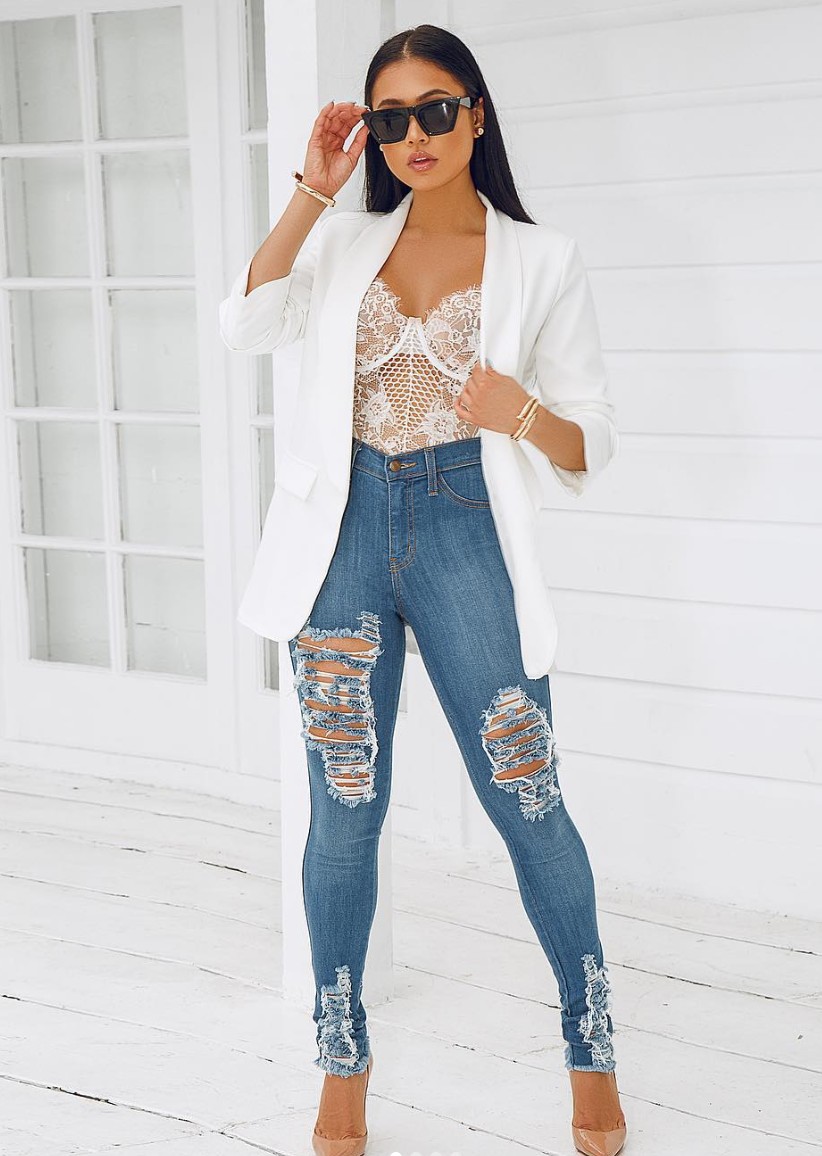 lace bodysuit and jeans outfit