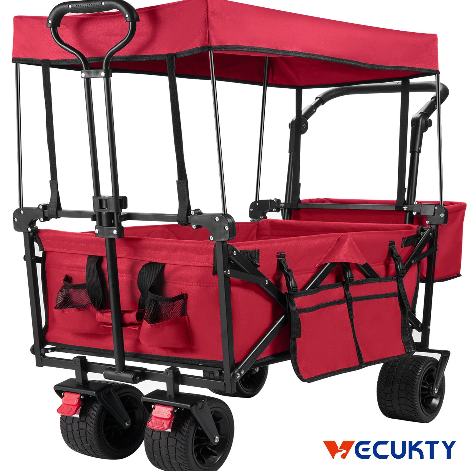 Collapsible Garden Wagon Cart with Removable Canopy, Keenstone Foldable Wagon Utility Carts with Wheels and Rear Storage, Wagon Cart for Garden Camping Grocery Shopping Cart, Red