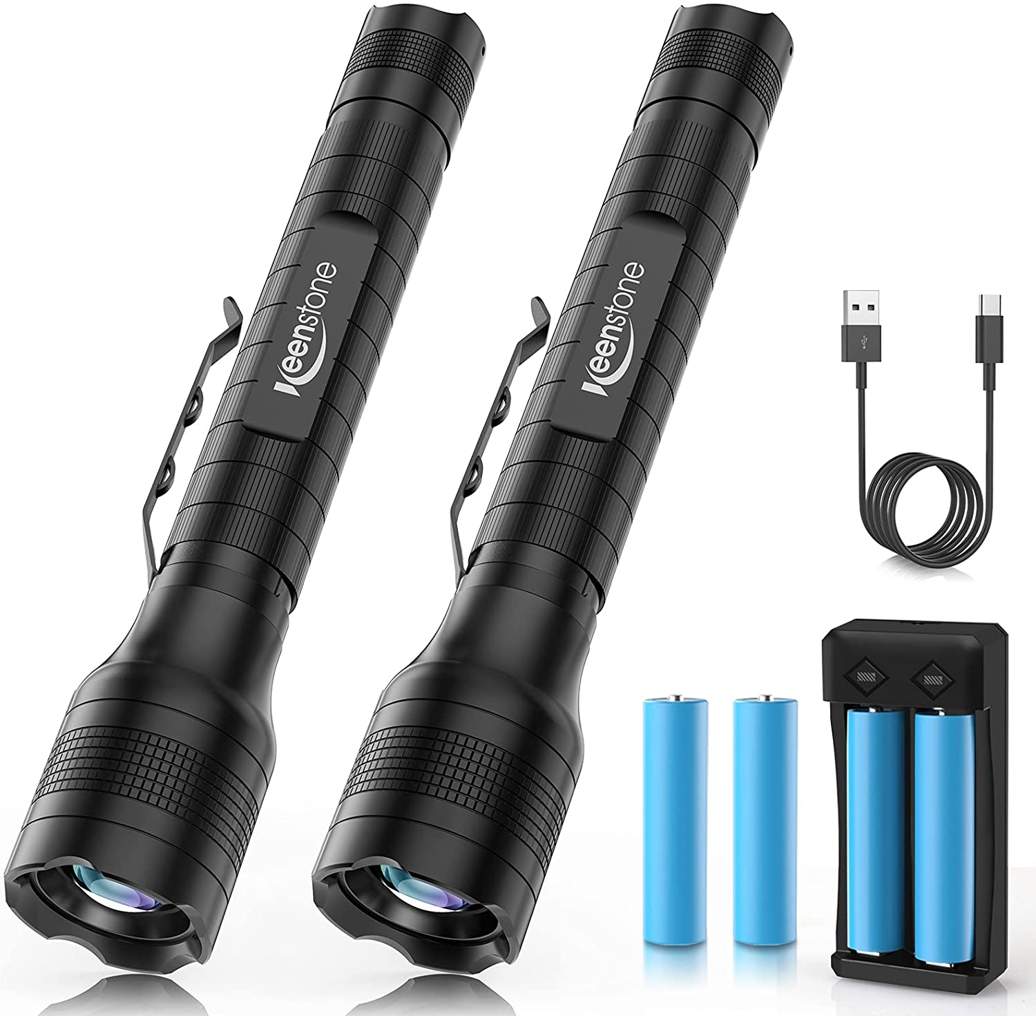 Keenstone Rechargeable LED Flashlights 2 Pack, 1500 High Lumens