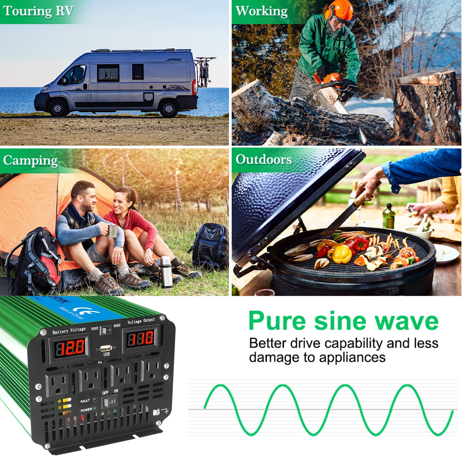  LVYUAN 1000 Watt Pure Sine Wave Power Inverter 12V DC to  110V/120V AC Converter with 2 sockets and USB Port for Car Truck Family  Solar System,RV, Truck,Road Trip & Emergency 