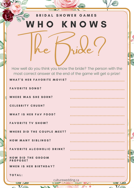 Who Knows The Bride-To-Be Best? - Bridal Shower Game {5 Designs ...