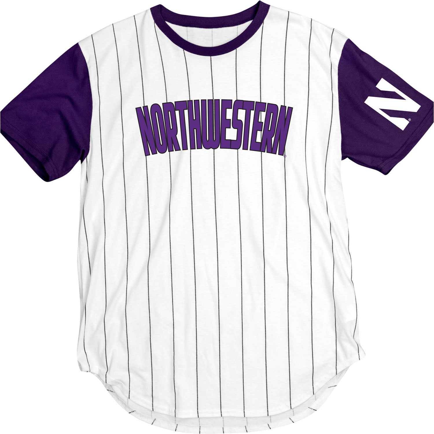 purple and white baseball shirt