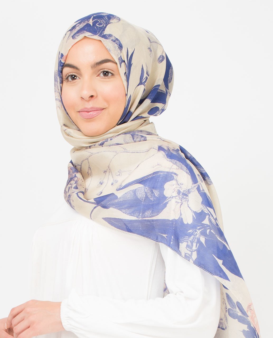 Ivory and Citadel Blue Silk Hijab Scarf - MeHijabi.com