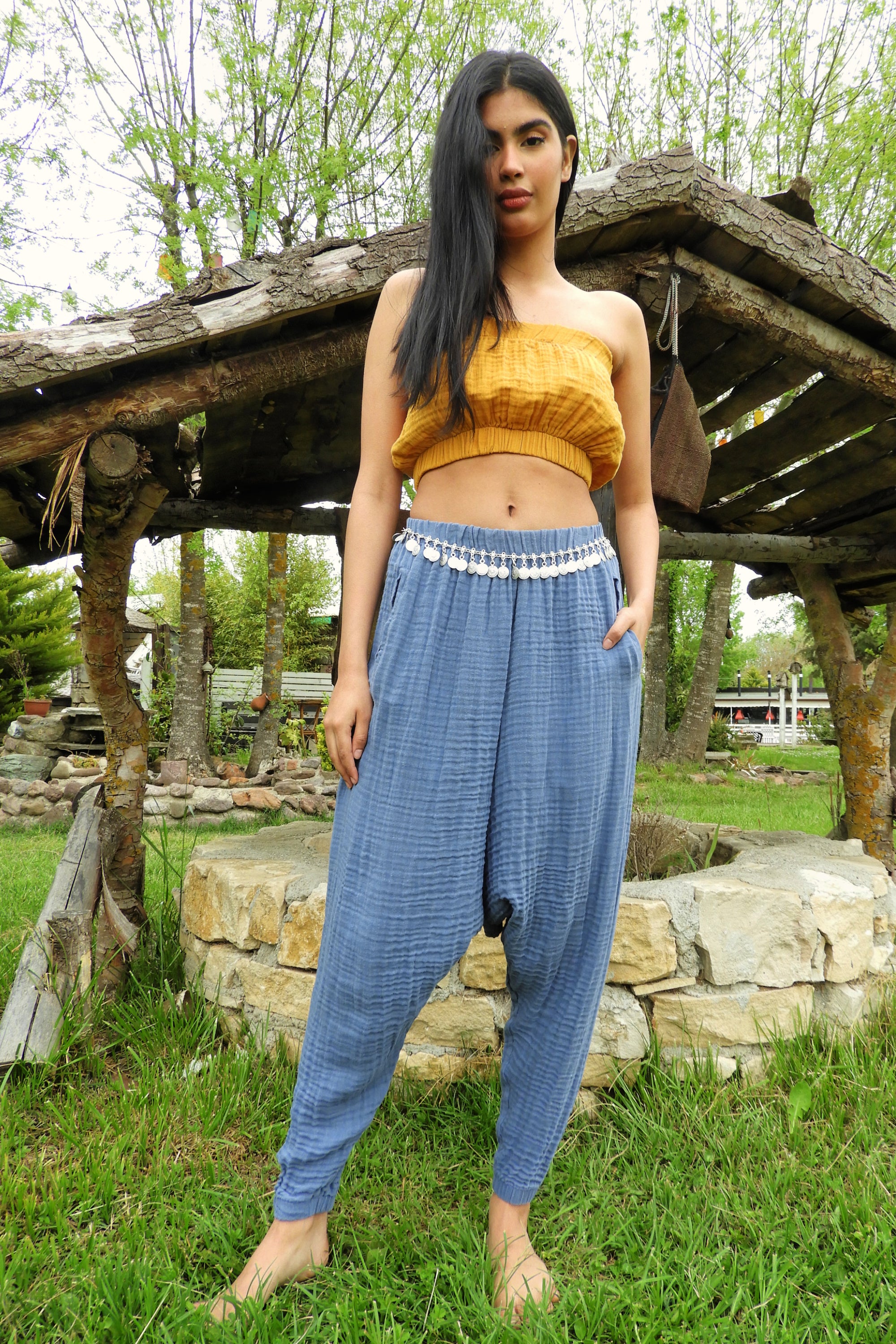 Sure Design Traditional Prints Thai Hill Tribe Fabric Drop Crotch Harem  Pants with Ankle Straps